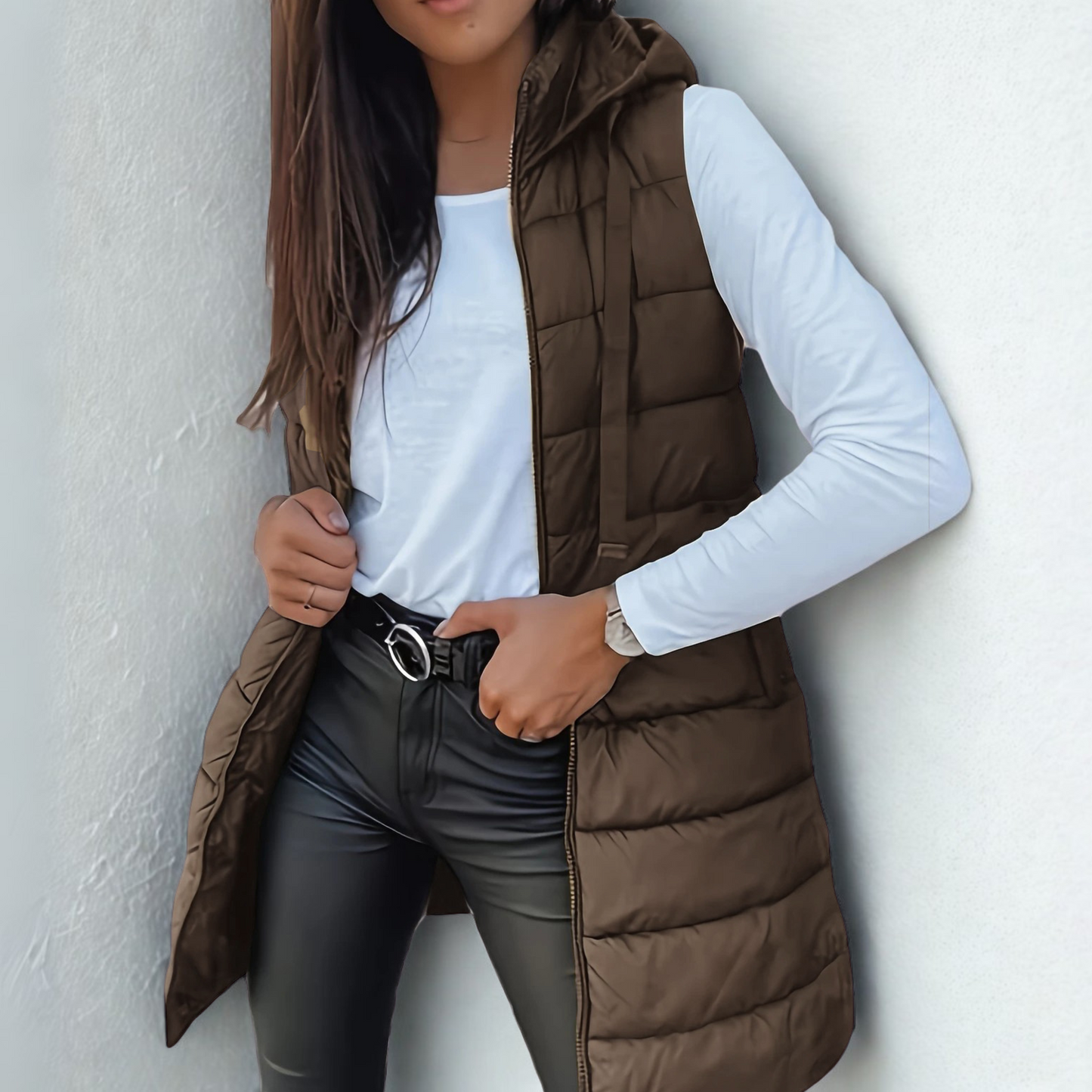 RAIN™ Casual Mouwloze Lange Puffer Bodywarmer met Capuchon